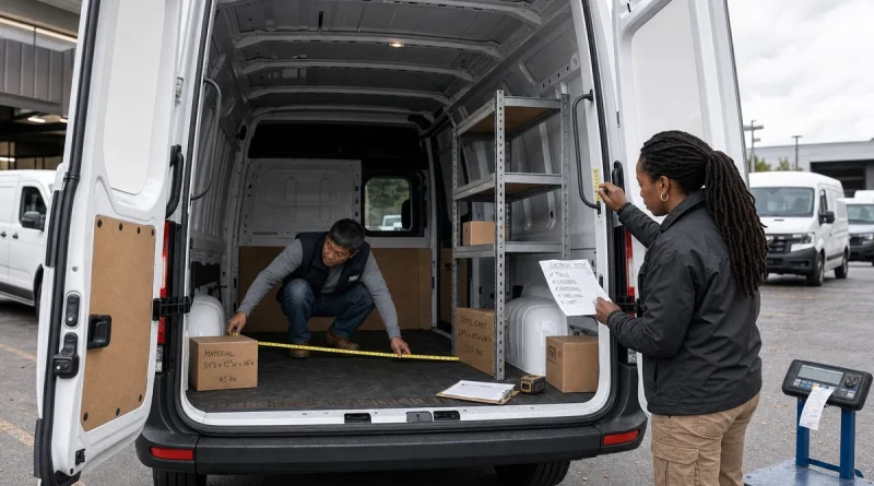 Business owner and fleet specialist measuring cargo van space and planning a realistic equipment load