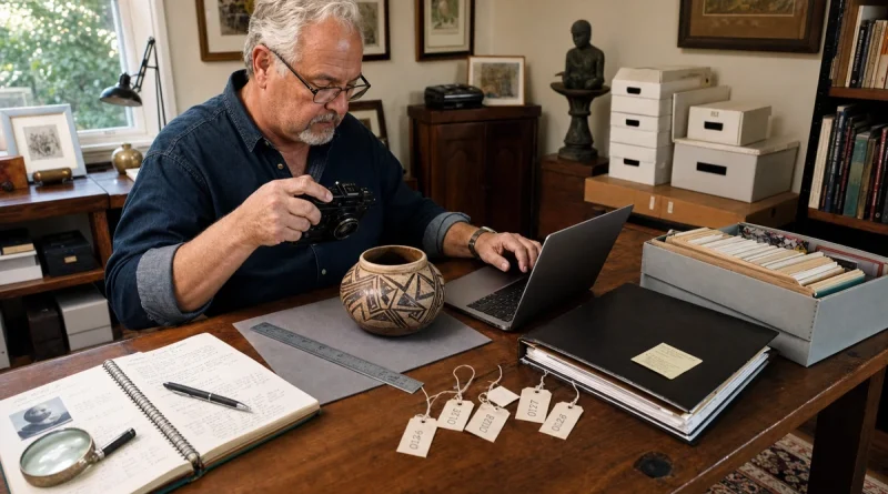 Collector photographing and cataloging a ceramic object with condition notes and inventory tags