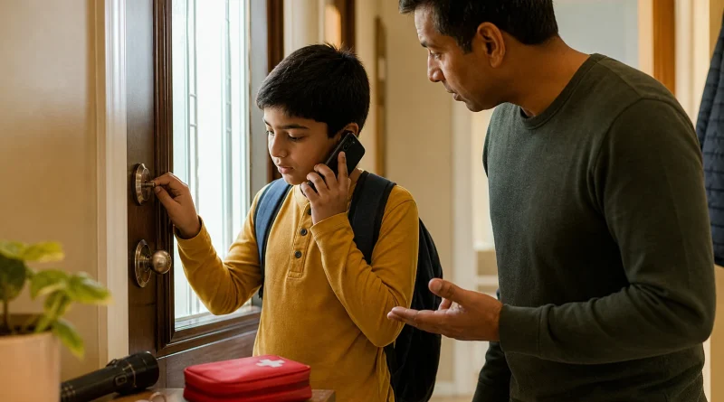 A father watches as his son practices locking the door and calling a trusted adult
