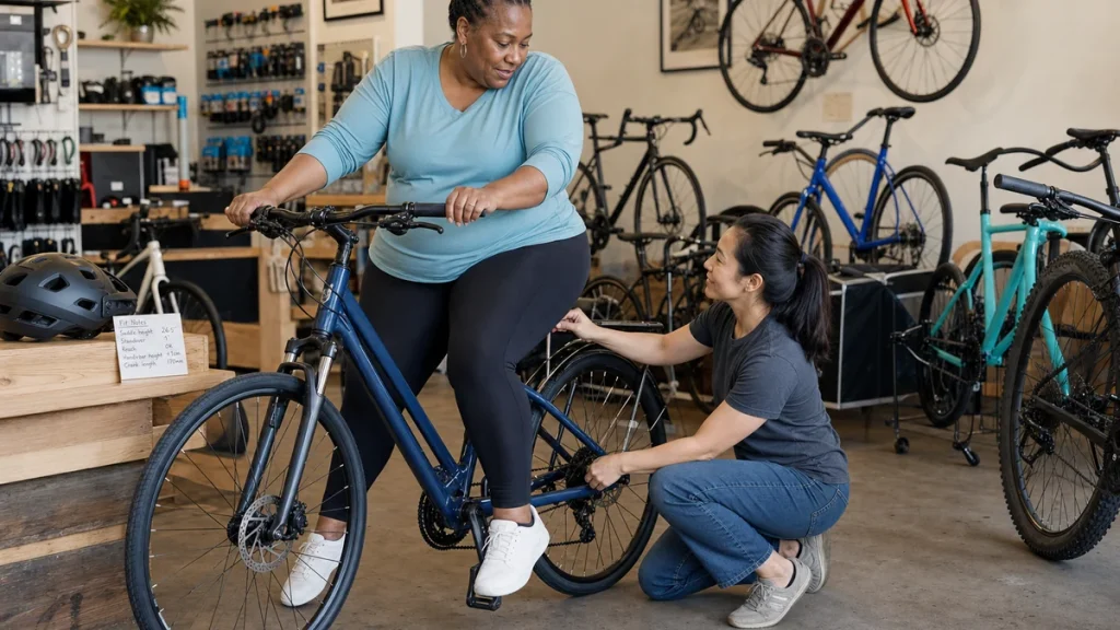 Bicycle fitter checking saddle height and riding position for a first-time rider on a hybrid bike