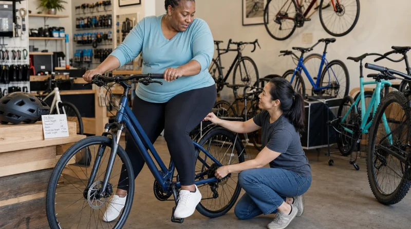 Bicycle fitter checking saddle height and riding position for a first-time rider on a hybrid bike