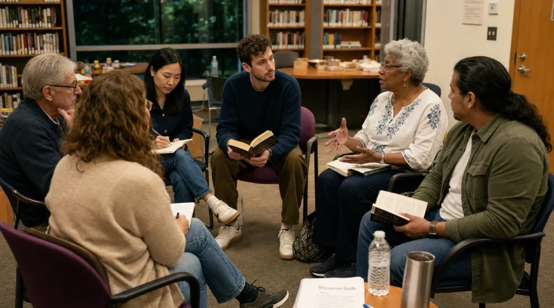 Readers in a public library book club listening and discussing a novel in a circle