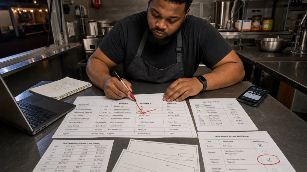 Food-truck owner comparing business account fees, transactions, deposits, access roles, and fraud controls