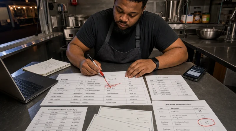 Food-truck owner comparing business account fees, transactions, deposits, access roles, and fraud controls