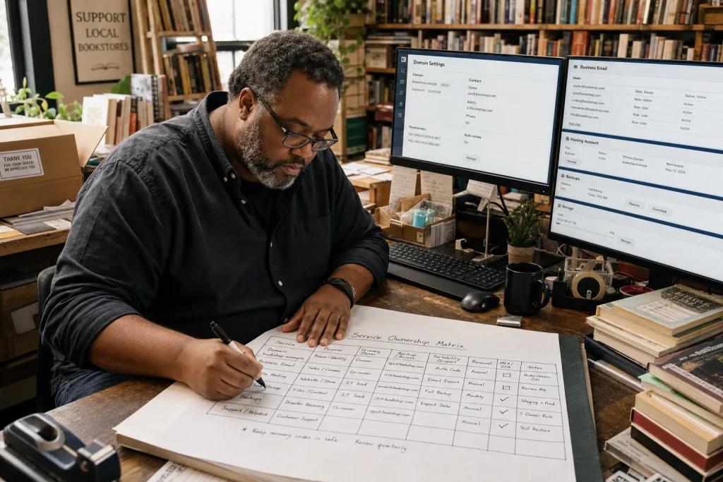 A bookstore owner mapping ownership, renewal, backup, and portability across domain, email, hosting, and cloud services