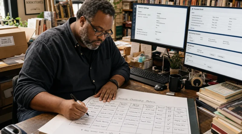 A bookstore owner mapping ownership, renewal, backup, and portability across domain, email, hosting, and cloud services