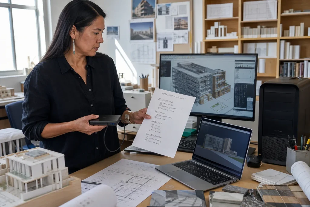 An architect comparing a laptop and desktop workstation against the demands of 3D design work
