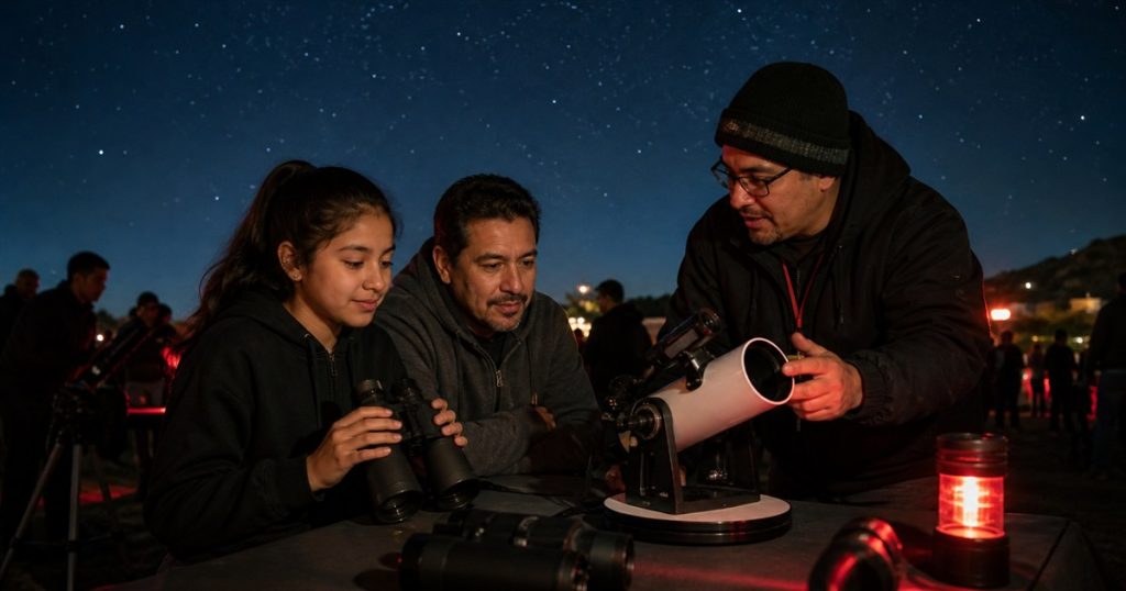 Parent and teenager testing binoculars and a tabletop telescope at an astronomy night
