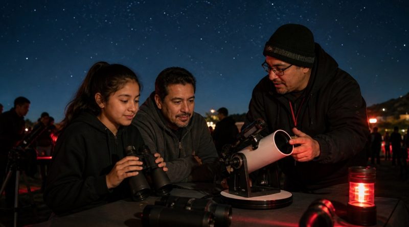 Parent and teenager testing binoculars and a tabletop telescope at an astronomy night