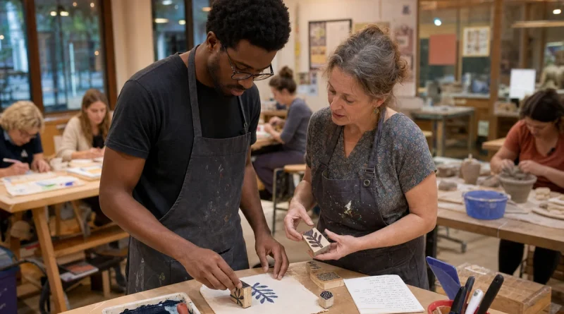 Beginner trying block printing with an instructor during a community makerspace open studio