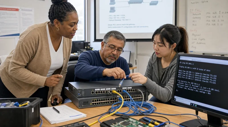 An instructor coaches two adult learners as they connect network equipment and verify the result on a workstation