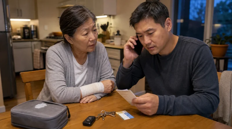 A son calls for medical guidance while his mother sits beside him with a wrapped wrist