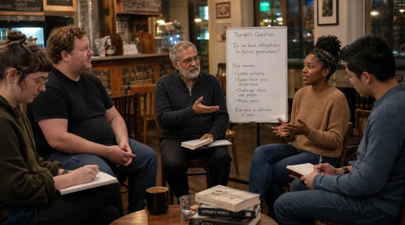 Community philosophy group practicing respectful discussion and active listening in a cafe