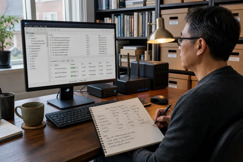 A researcher comparing Usenet provider retention, completion, connections, privacy, and support while using a newsreader