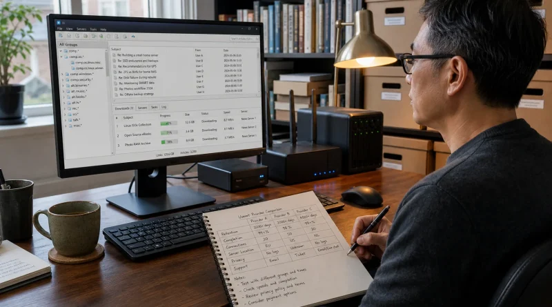 A researcher comparing Usenet provider retention, completion, connections, privacy, and support while using a newsreader