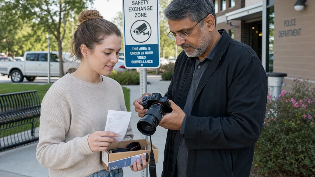 Buyer testing a used camera and checking its serial number and receipt in a public safety exchange zone
