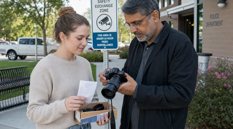 Buyer testing a used camera and checking its serial number and receipt in a public safety exchange zone