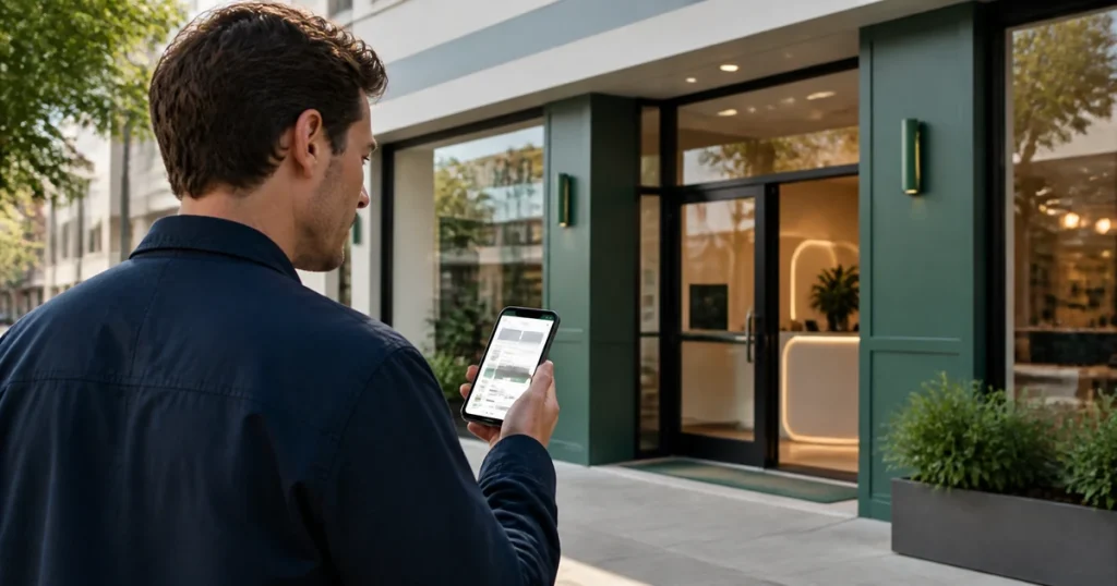 Shopper comparing mobile information with the entrance of a local dispensary