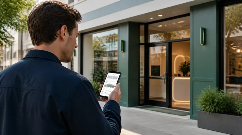 Shopper comparing mobile information with the entrance of a local dispensary