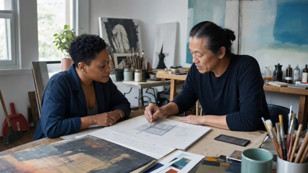 A first-time art buyer reviewing commission sketches with an artist in a working studio