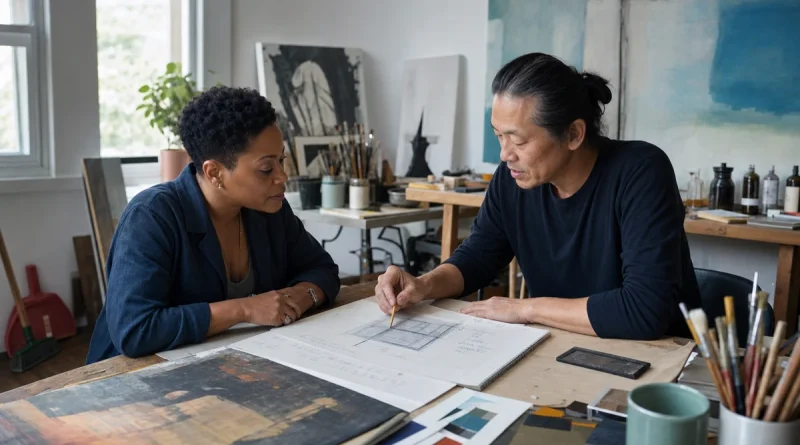 A first-time art buyer reviewing commission sketches with an artist in a working studio