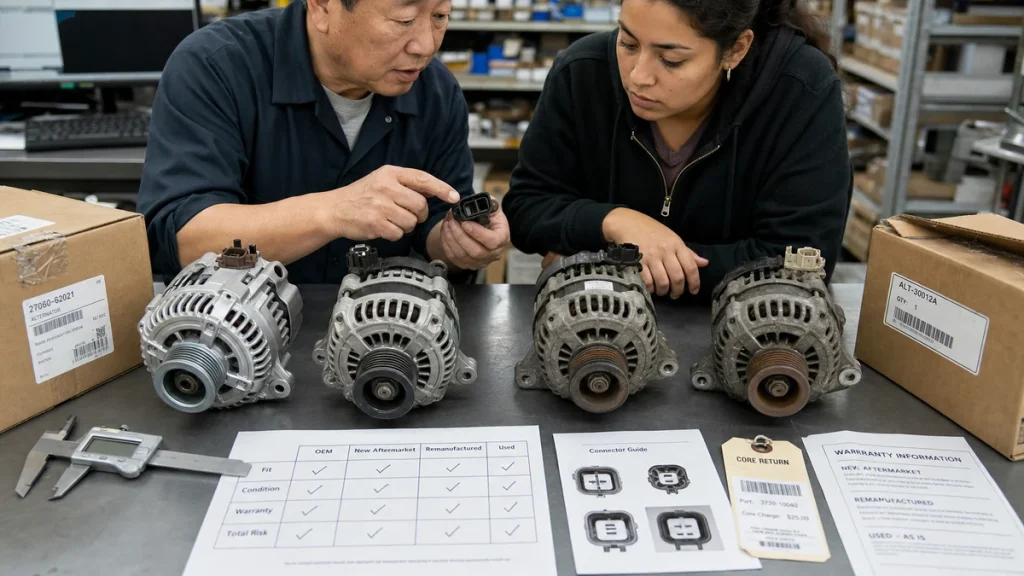 Customer comparing fit, condition, connectors, core return, and warranty across four alternator options