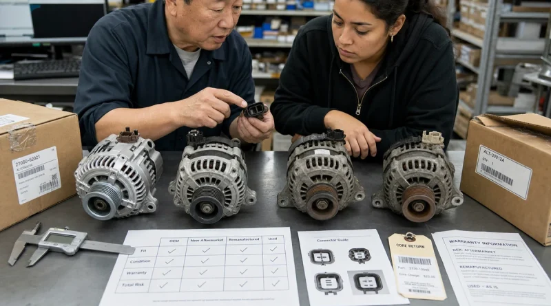 Customer comparing fit, condition, connectors, core return, and warranty across four alternator options