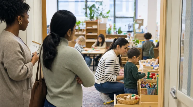 Two parents observe how a teacher interacts with children during a preschool classroom tour