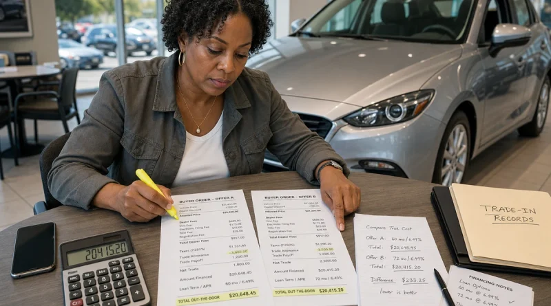 Car buyer comparing dealer fees, taxes, trade allowance, loan terms, and out-the-door totals