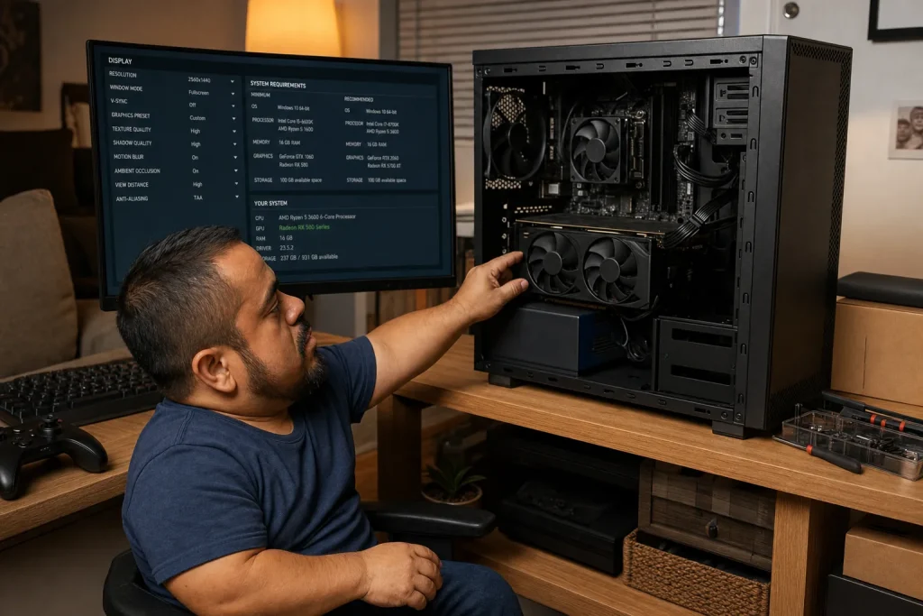 A computer owner comparing game system requirements with the graphics hardware inside an open desktop PC