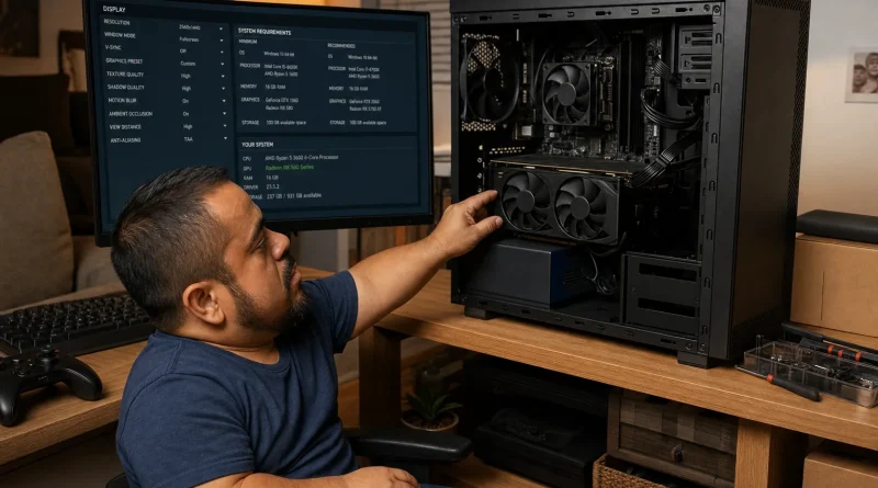 A computer owner comparing game system requirements with the graphics hardware inside an open desktop PC