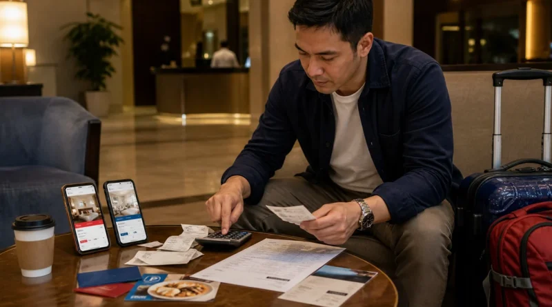 A traveler calculates the complete cost of two hotel stays beside luggage and booking details