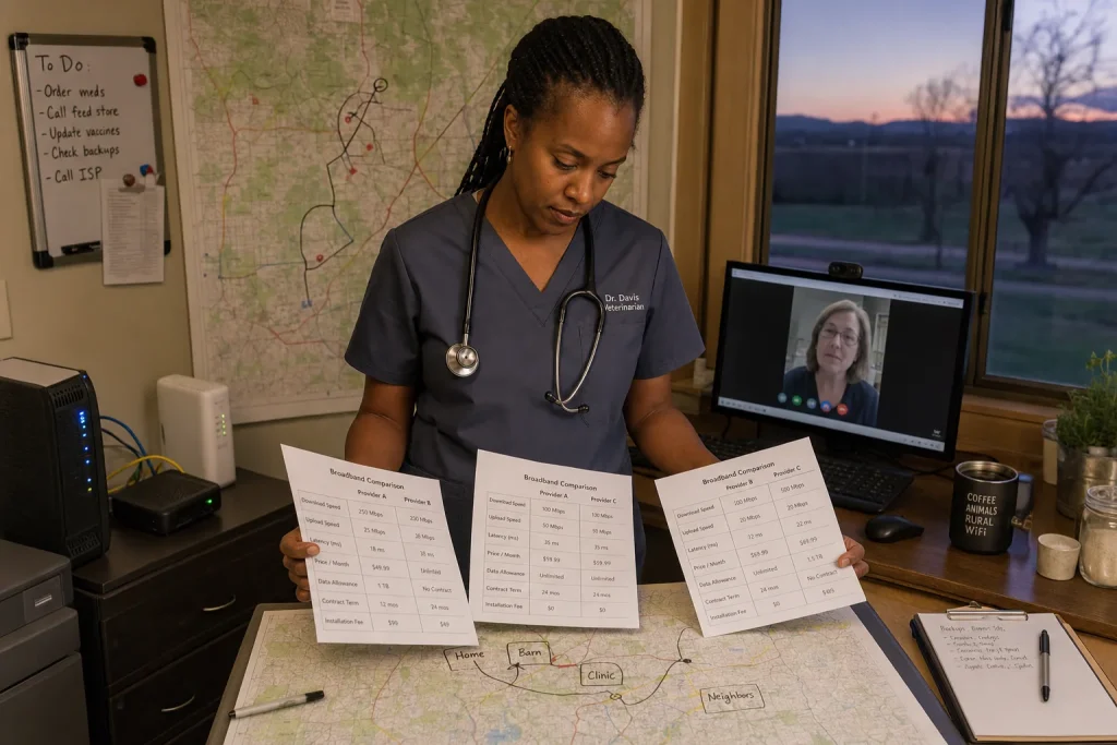 A rural veterinary clinic owner comparing broadband providers using service terms, a coverage map, and a video-call test