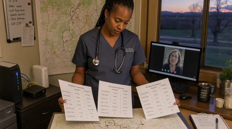 A rural veterinary clinic owner comparing broadband providers using service terms, a coverage map, and a video-call test