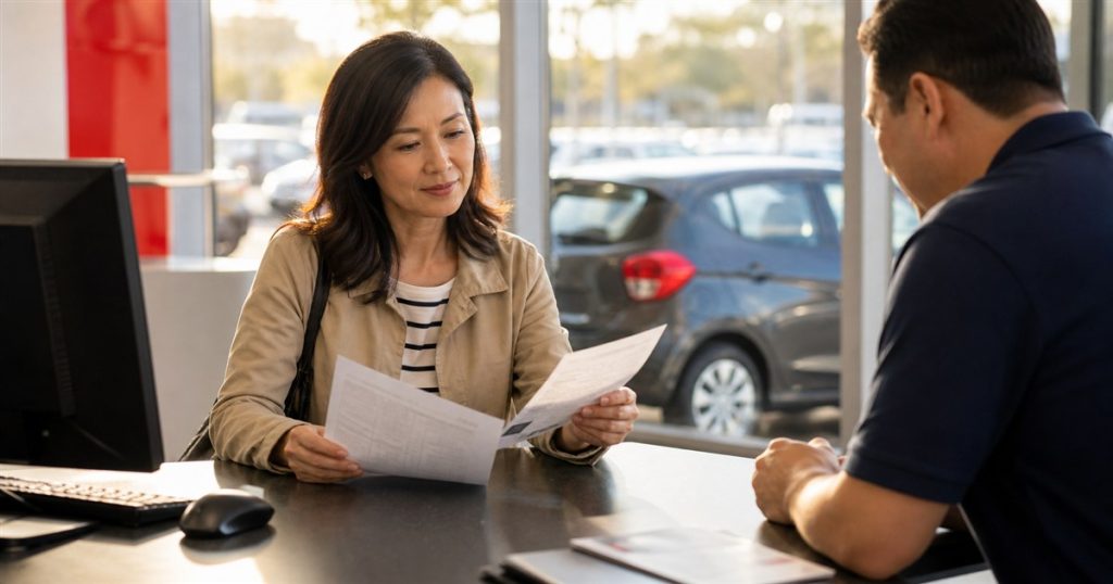 Traveler comparing a rental-car agreement and total-cost worksheet at the counter