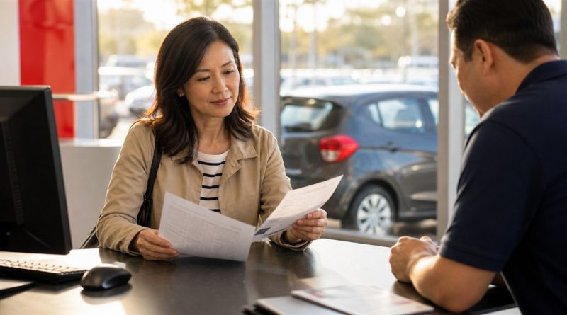 Traveler comparing a rental-car agreement and total-cost worksheet at the counter