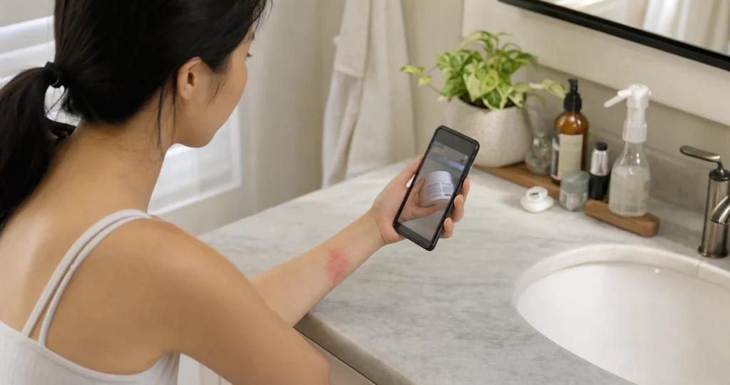 A woman photographs a cosmetic product after noticing skin irritation on her forearm