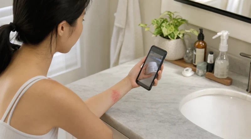 A woman photographs a cosmetic product after noticing skin irritation on her forearm