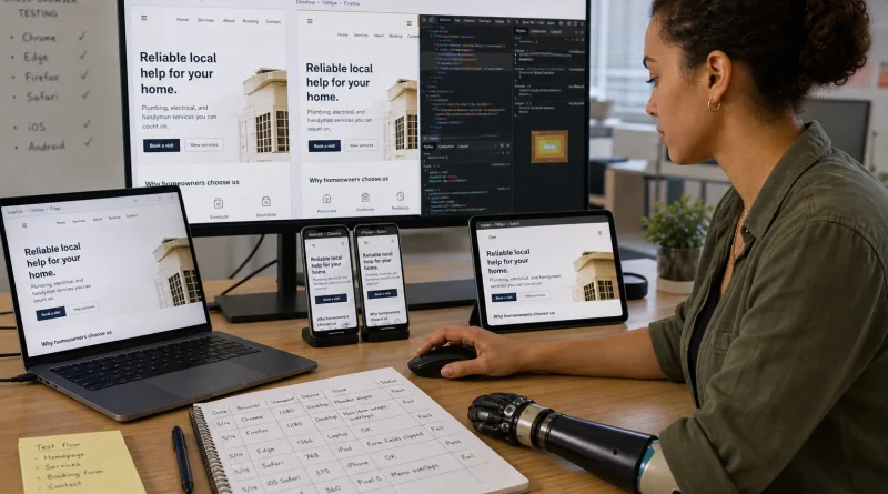 A web quality specialist testing the same local-service website across desktop, laptop, tablet, and phone browsers