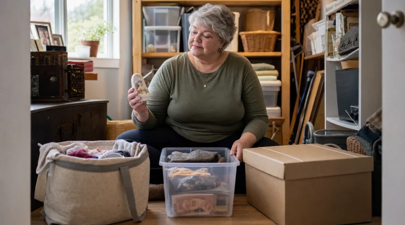 An older woman thoughtfully sorts household belongings into a donation bag, a storage bin, and a closed box