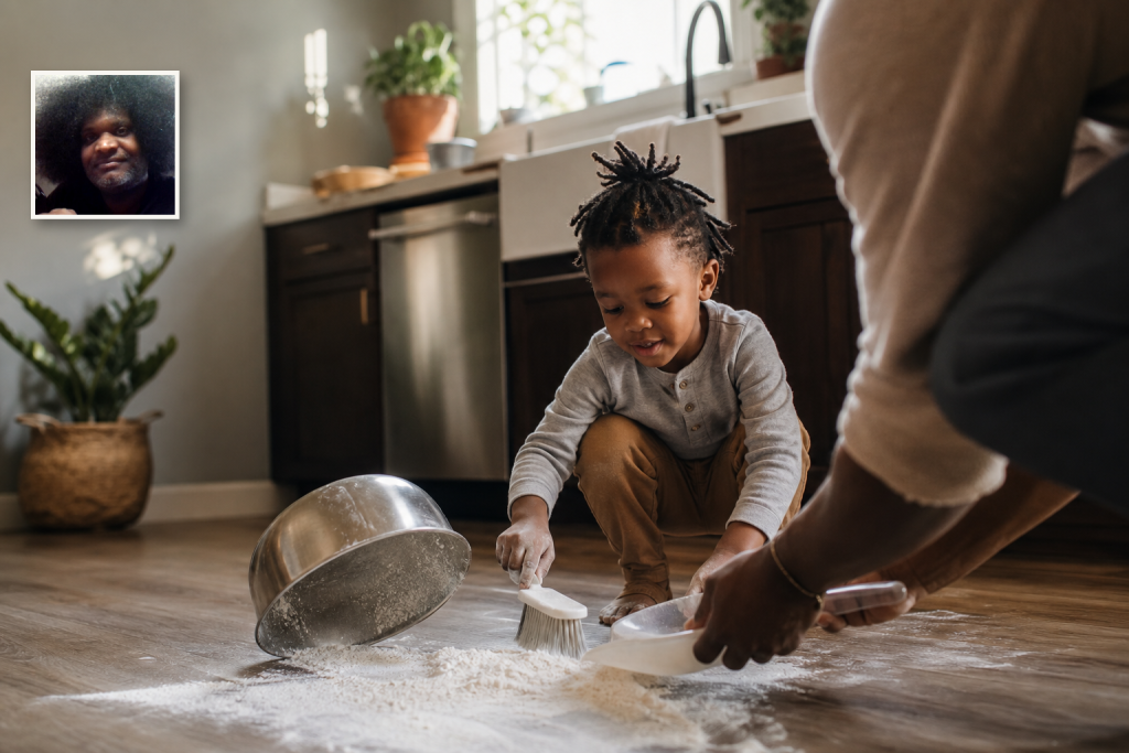 A Black child and caregiver calmly cleaning spilled flour, with Dexter Nelson's headshot positioned lower in a square corner frame