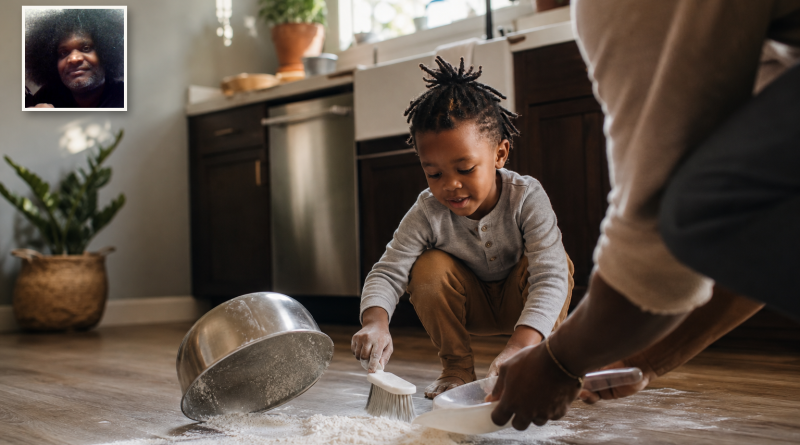 A Black child and caregiver calmly cleaning spilled flour, with Dexter Nelson's headshot positioned lower in a square corner frame