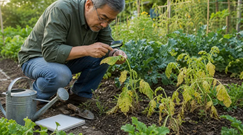 A gardener examines yellowing leaves and checks the soil before choosing a treatment