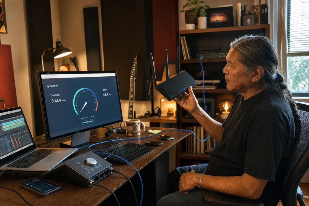 A home music producer comparing a wired speed test with router and device performance