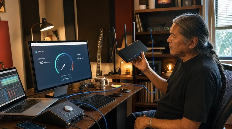 A home music producer comparing a wired speed test with router and device performance