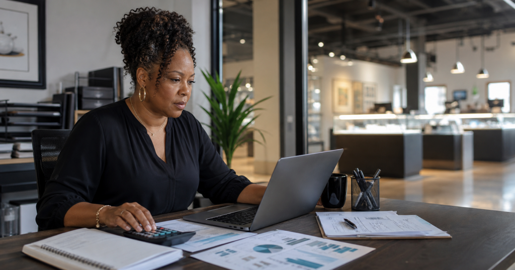 A dispensary owner reviewing a marketing budget with a laptop and calculator