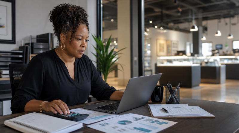 A dispensary owner reviewing a marketing budget with a laptop and calculator