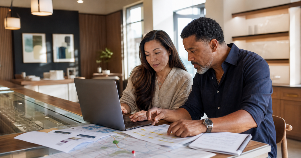 Two dispensary owners reviewing a marketing plan and local customer map
