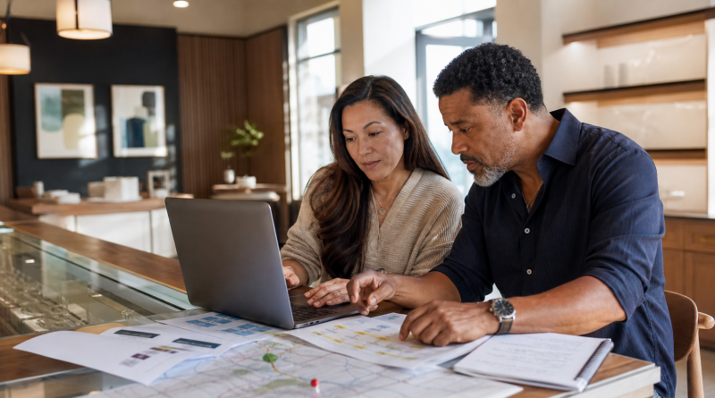 Two dispensary owners reviewing a marketing plan and local customer map