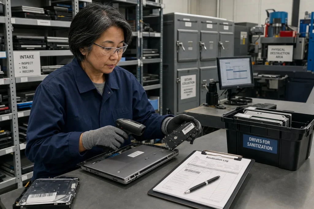 An electronics recycling technician scanning a removed hard drive before placing it into a controlled data-sanitization process